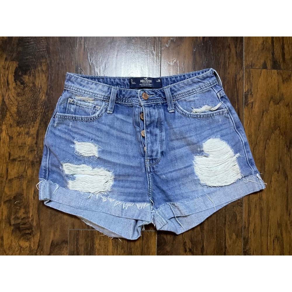 Hollister High-Rise Mom Shorts Blue Distressed Denim Button Fly Size 3 W26